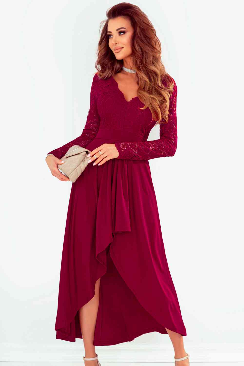Full Size Lace High-Low V-Neck Dress