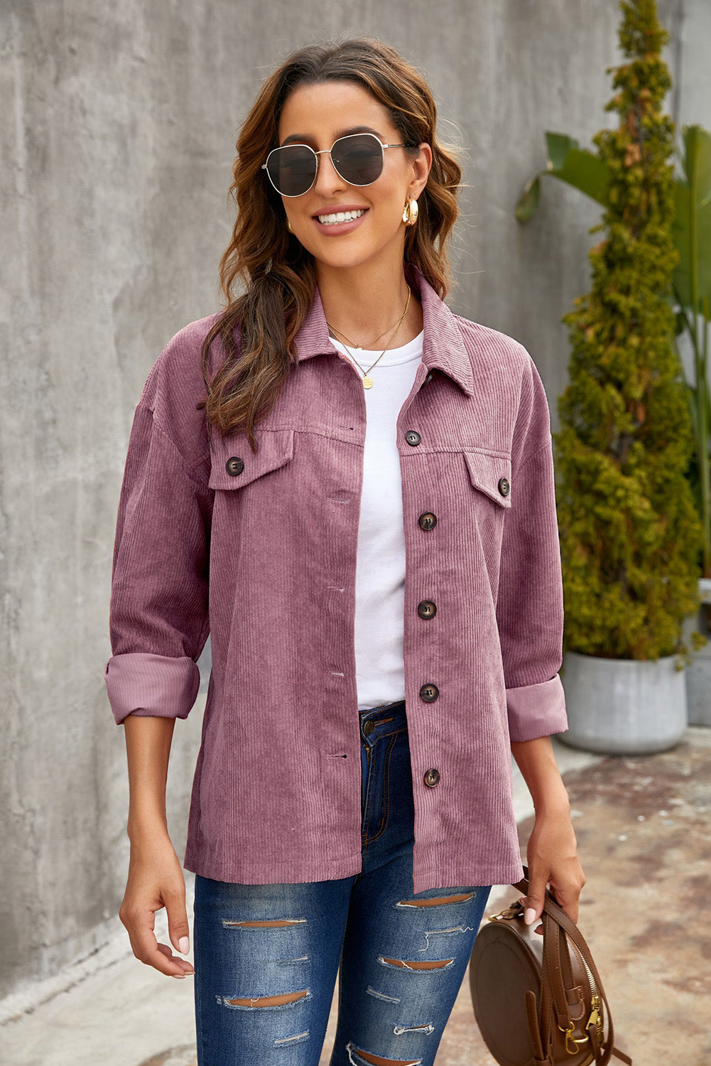 Women's Full Size Corduroy Long Sleeve Button-Up Shirt Jacket