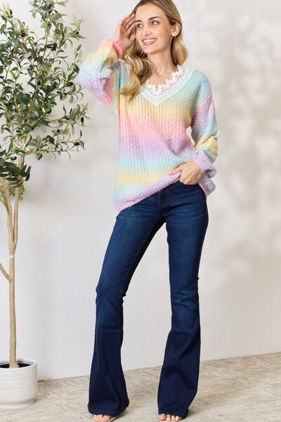 BiBi Rainbow Gradient Crochet Detail Pink Multi Sweater