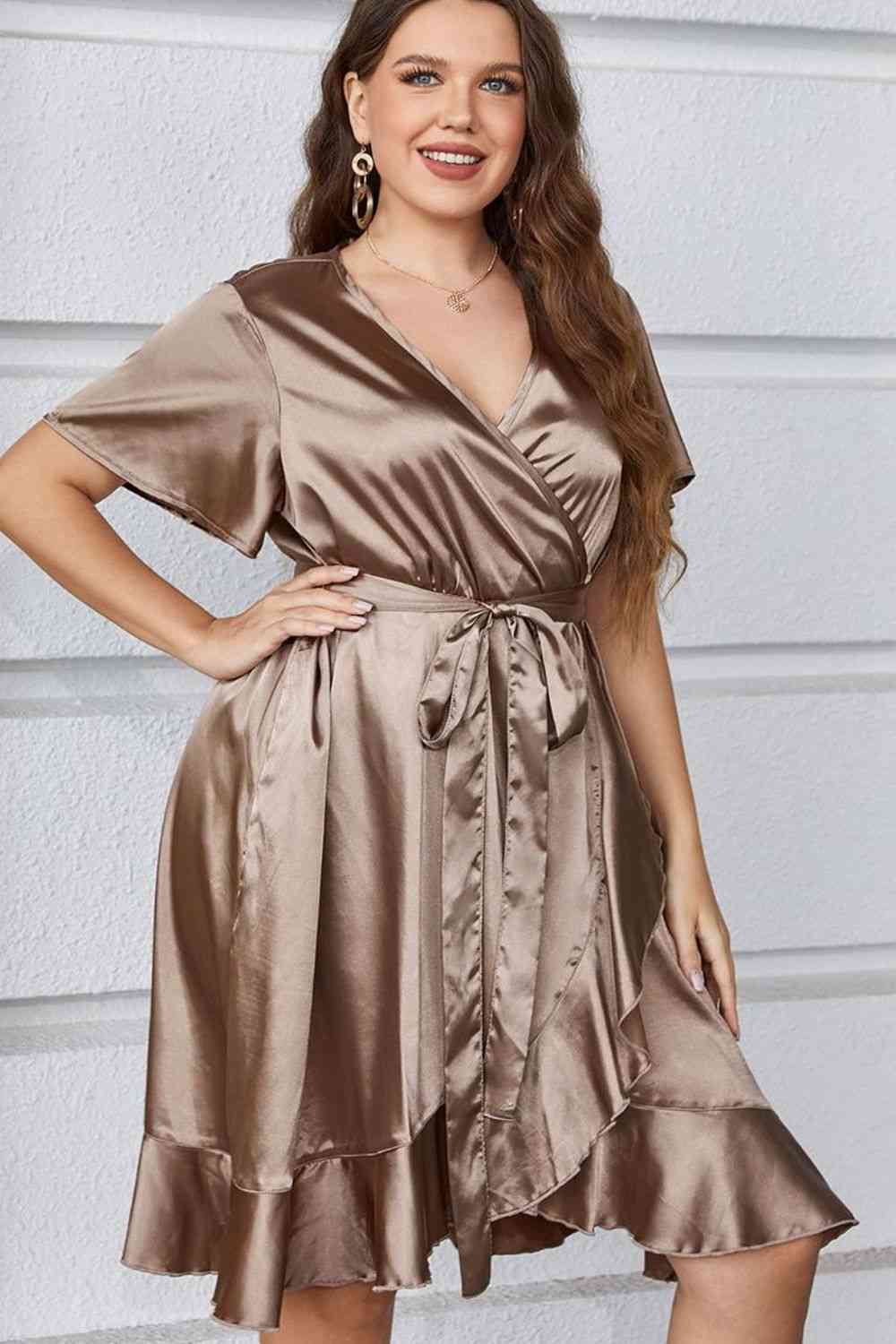 Plus Size Women's Light Brown Belted Ruffled Surplice Dress