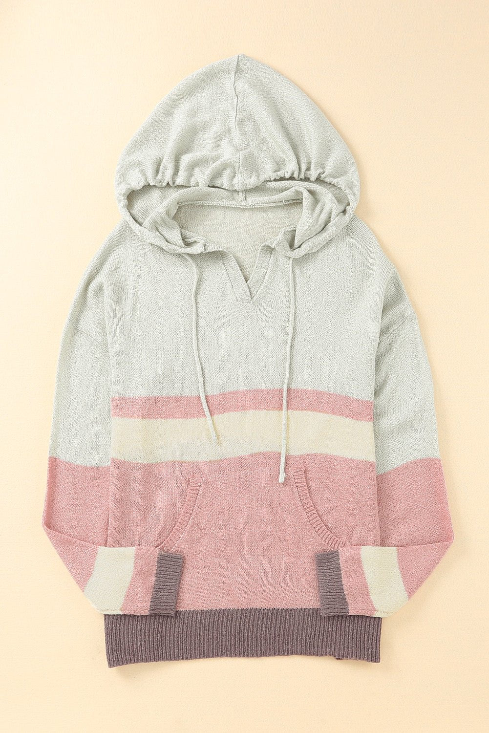 Women's Color Block Drawstring Side Slit Hooded Sweater
