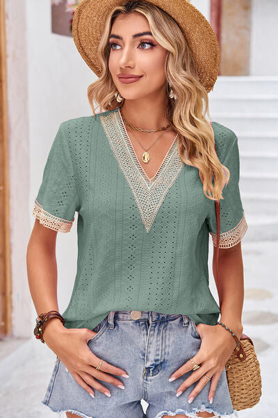 Eyelet V-Neck Short Sleeve T-Shirt