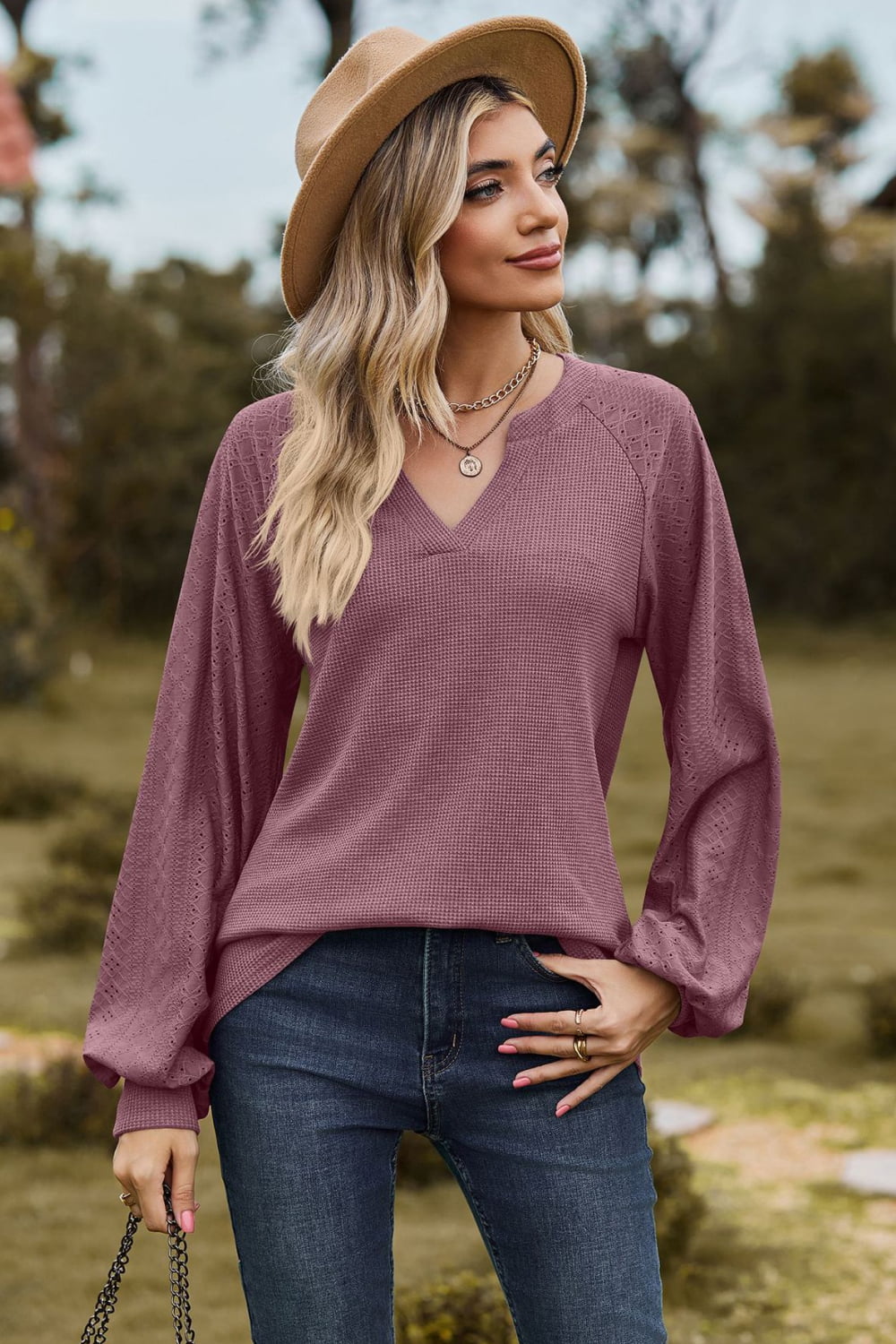 Full Size Notched Neck Raglan Sleeve Blouse