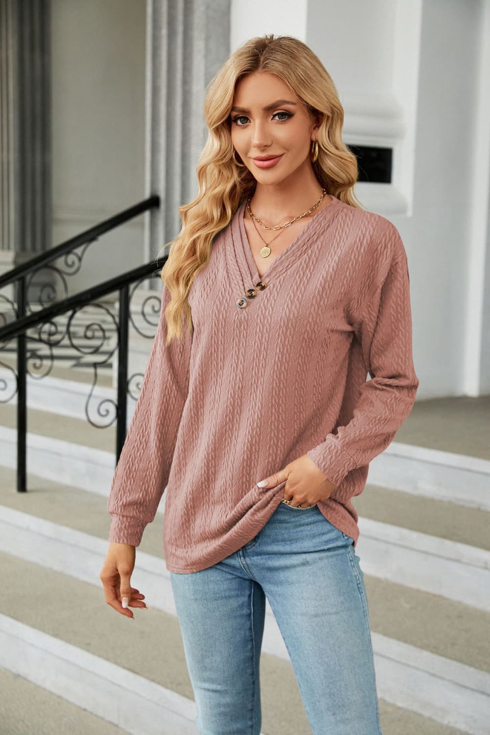 Full Size Decorative Button V-Neck Long Sleeve T-Shirt