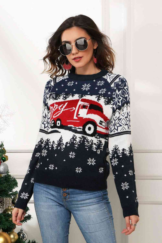 HAPPY Christmas TRUCKER Raglan Sleeve Sweater