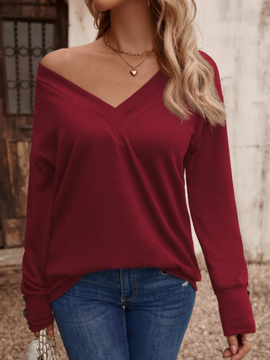 Full Size V-Neck Long Sleeve Top