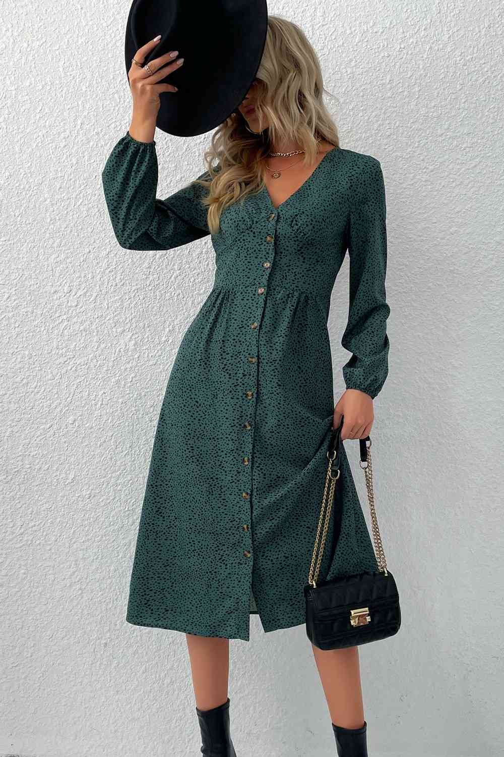 Green Printed Button Down V-Neck Midi Dress