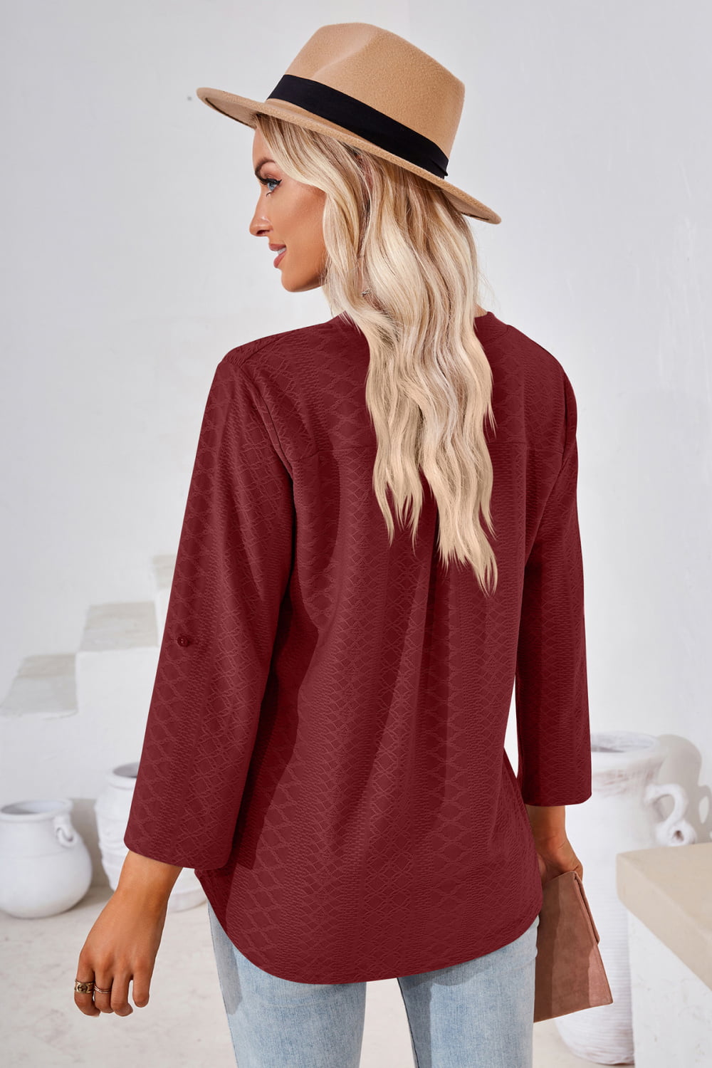 Full Size V-Neck Roll-Tap Sleeve Blouse