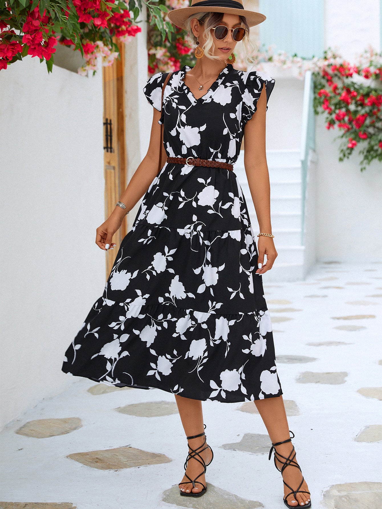 Women's Floral Frill Trim V-Neck Tiered Midi Dress