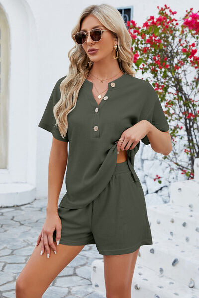 Adryane Jay Notched Button Detail Dropped Shoulder Top and Shorts Set