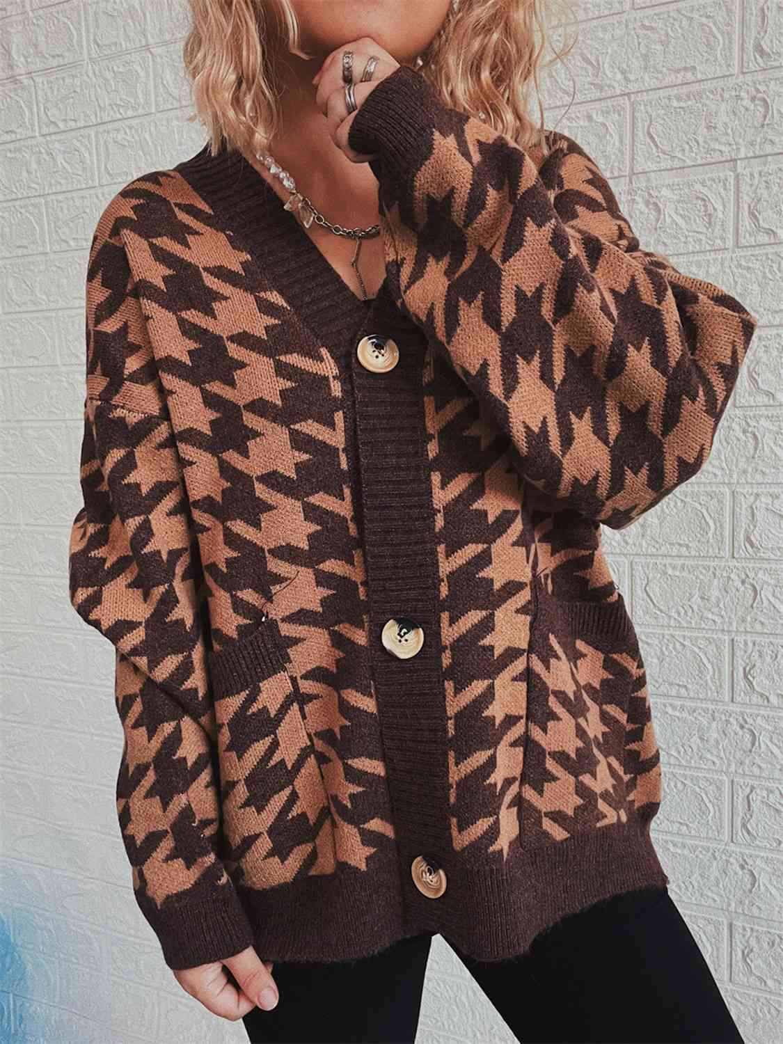 Houndstooth Botton Front  Cardigan with Pockets