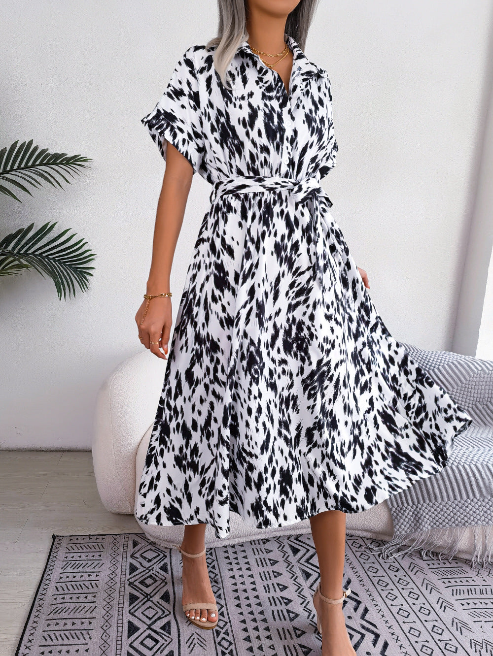 Penelope Printed Collared Neck Short Sleeve Tie Waist Dress