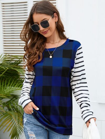 Women's HannahMea Plaid Striped Round Neck Long Sleeve T-Shirt