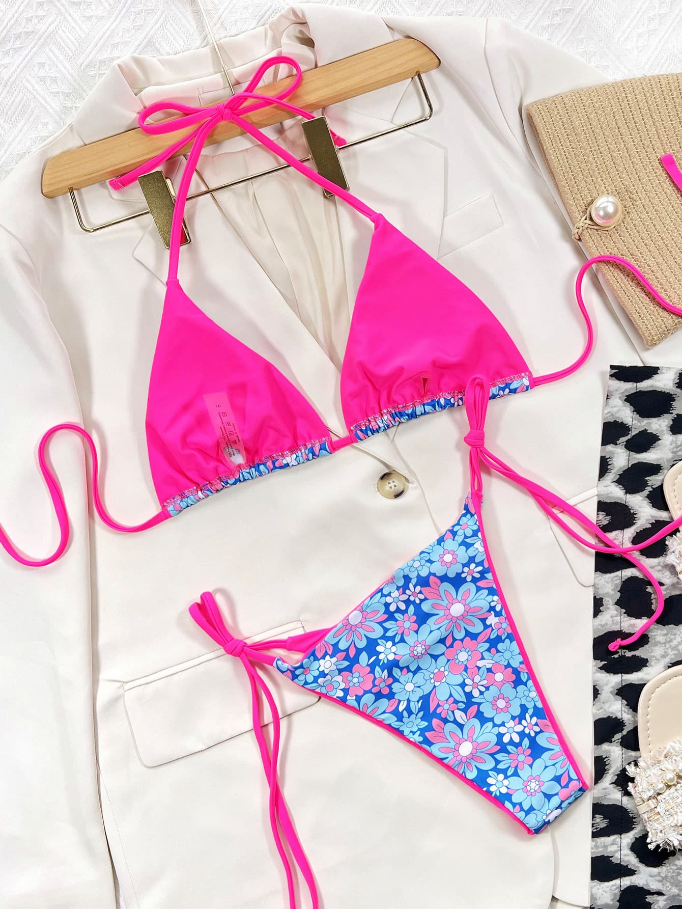 CY APPLE Floral Halter Neck Tie Side Bikini Set