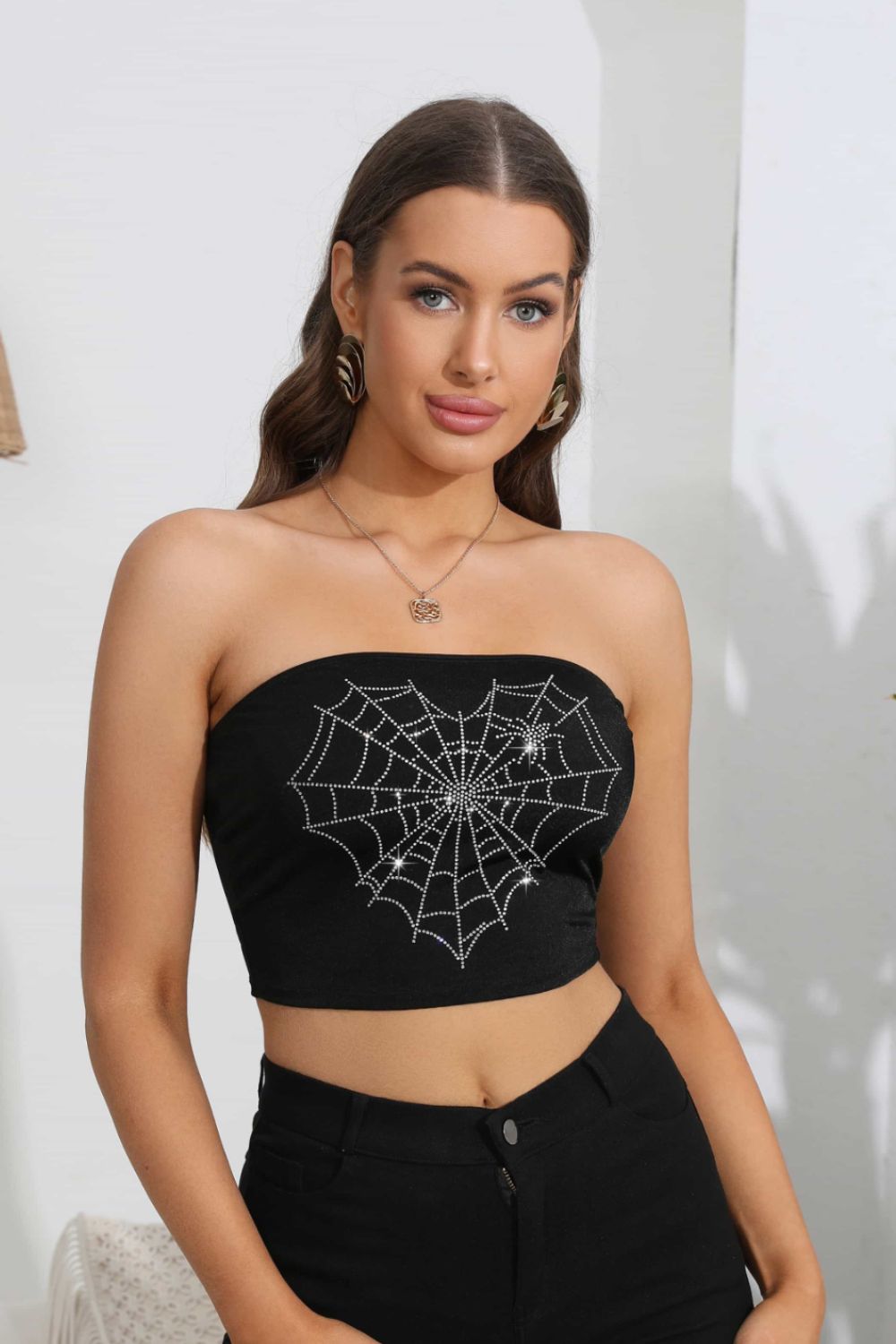Heart Spider Web Graphic Tube Top with Rhinestones in Black