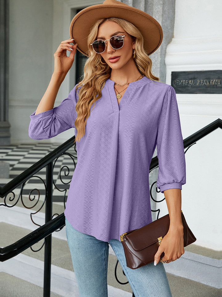 Full Size Notched Neck Three-Quarter Sleeve Blouse