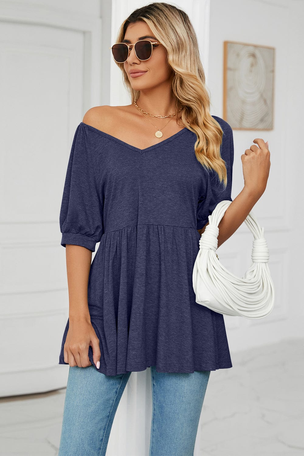 Full Size V-Neck Babydoll Top