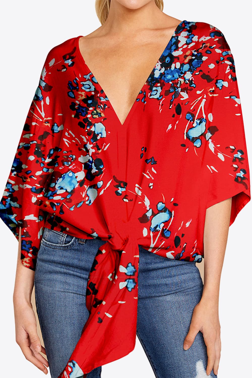 Full Size Printed Deep V Tie Hem Blouse