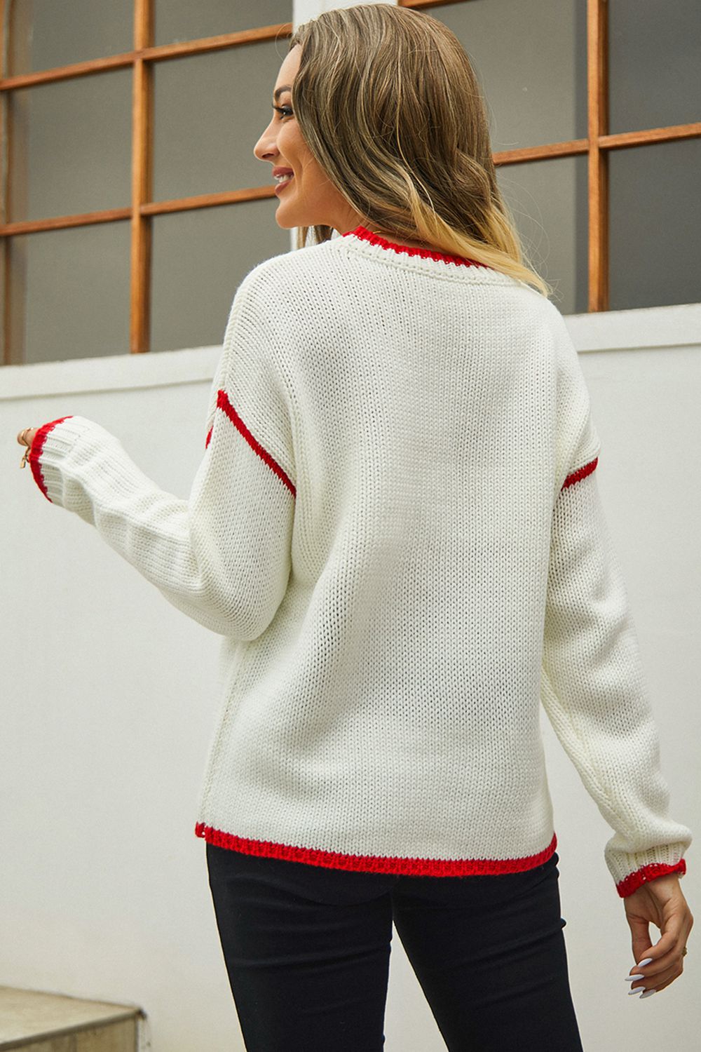 Hannah&Mea Round Neck Long Sleeve Waffle-Knit Sweater