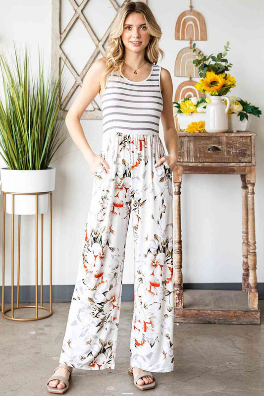 White Striped Floral Sleeveless Wide Leg Jumpsuit with Pockets