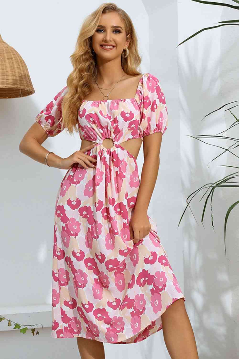 Carnation Pink Floral Cutout Square Neck Puff Sleeve Dress