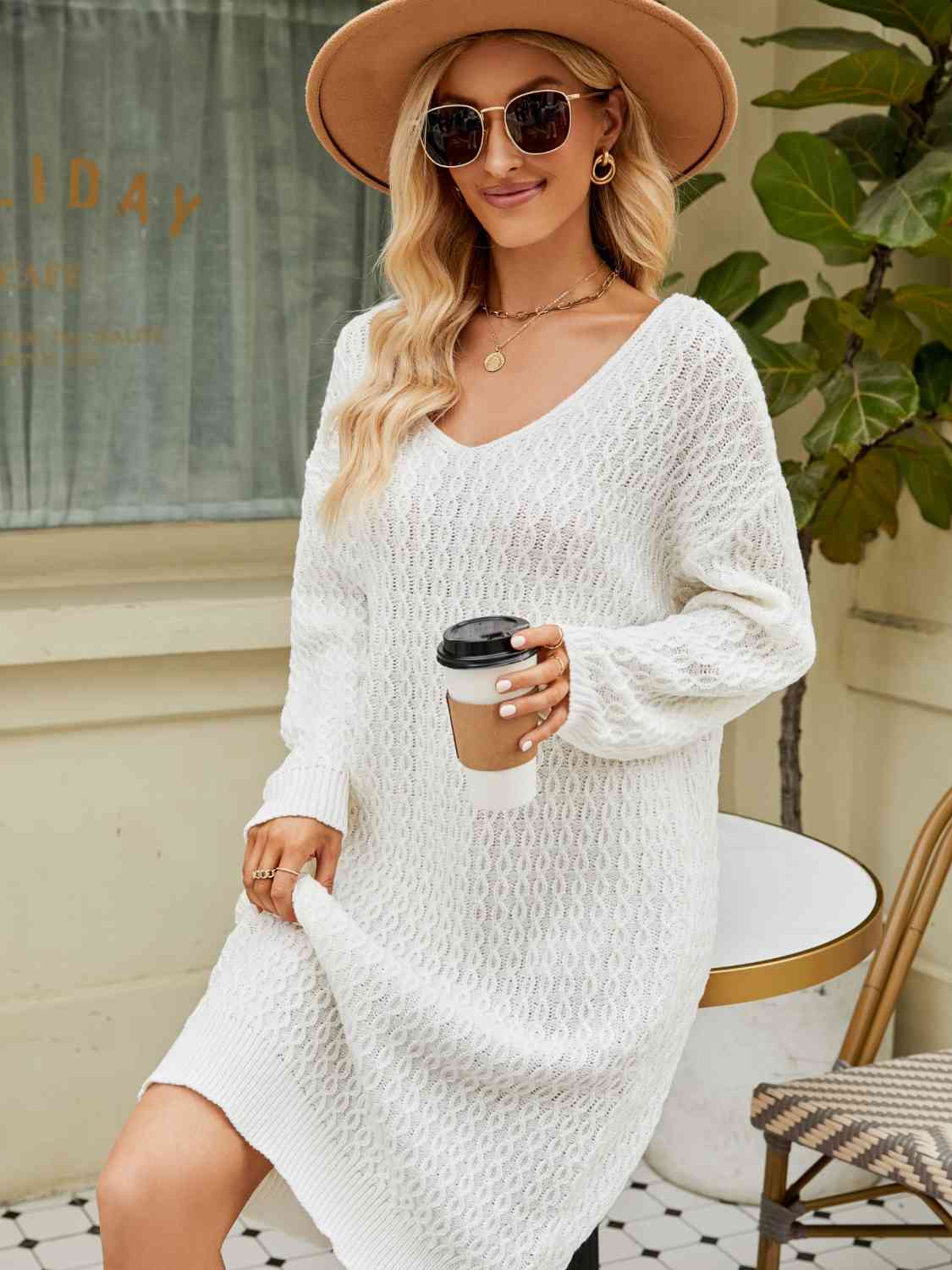 CozyWonders V-Neck Long Sleeve Sweater Dress