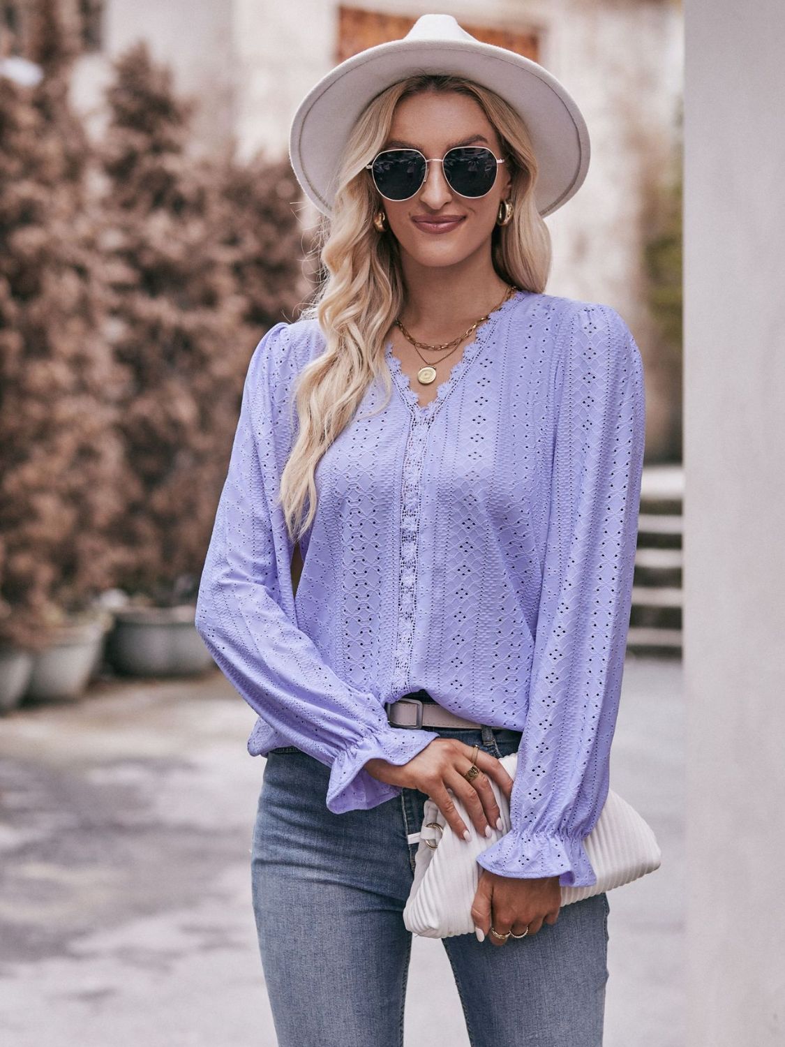 Pretty Purples Eyelet V-Neck Flounce Sleeve Blouse