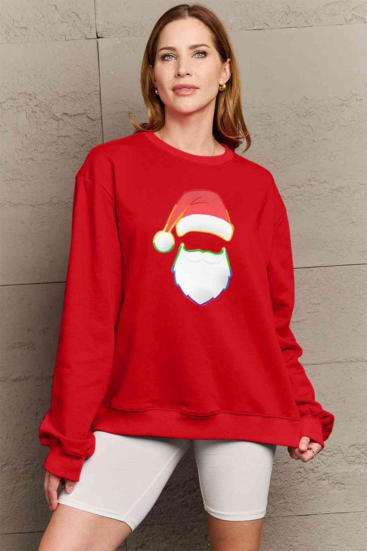 Simply Love Full Size Rainbow Christmas Santa Graphic Round Neck Sweatshirt