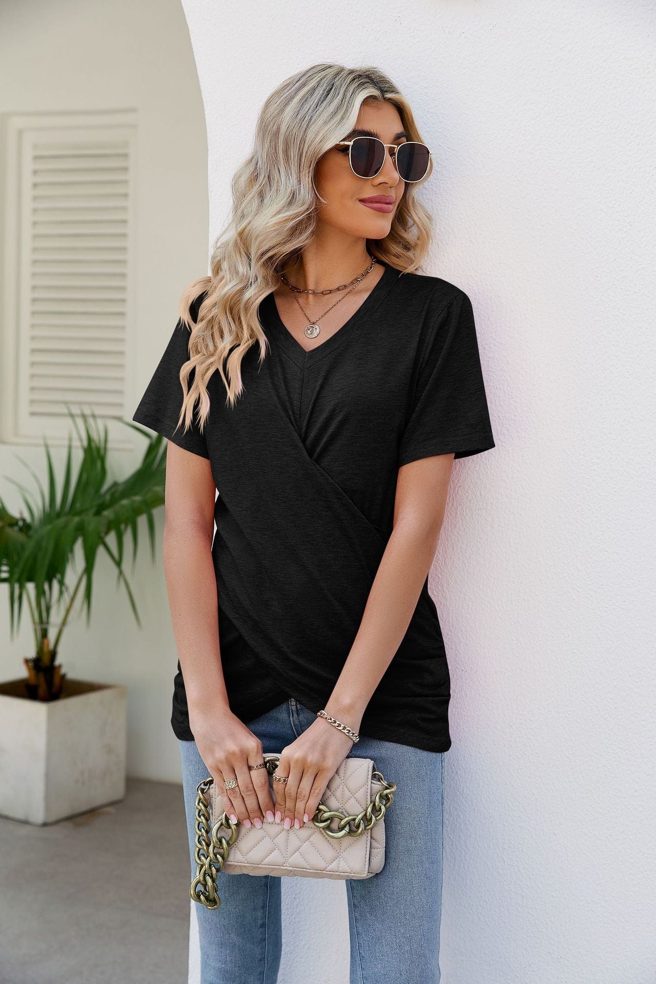 Full Size V-Neck Crisscross Short Sleeve Tee