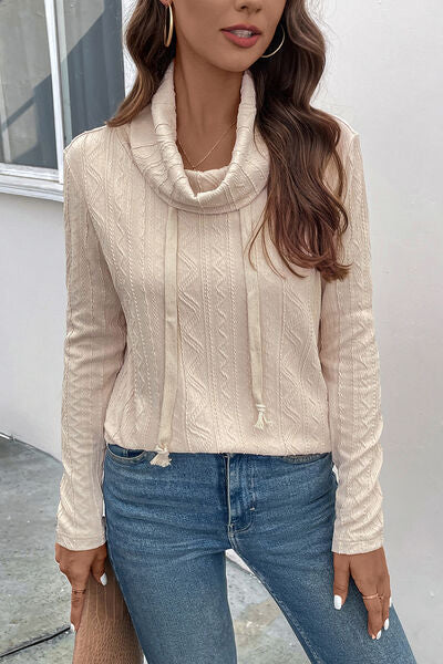 Beige Tied Mock Neck Long Sleeve Knit Top