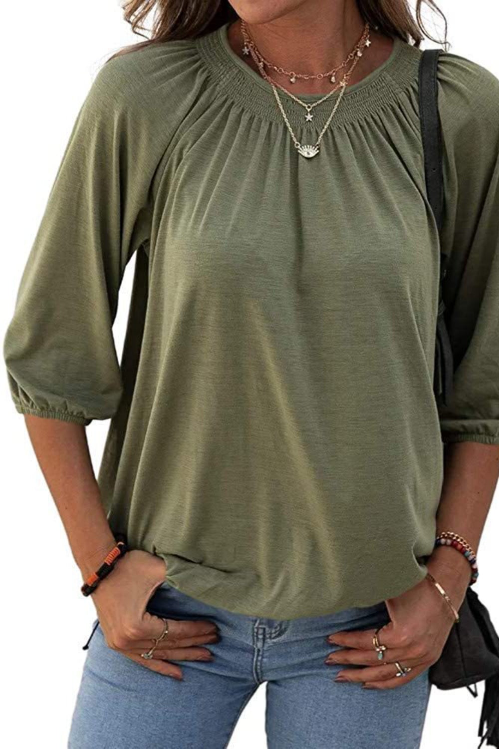 Full Size Gathered Detail Round Neck T-Shirt