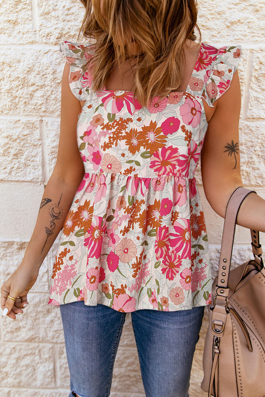 Women's Short Sleeved Floral Square Neck Baby-doll Top