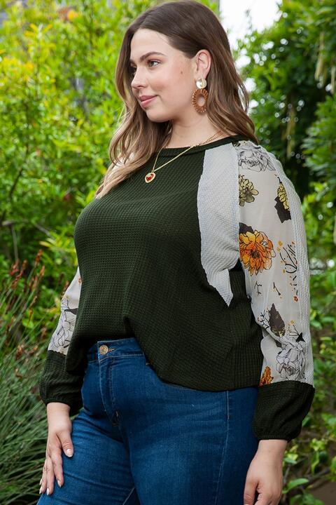 Plus Size Army Green Floral Waffle-Knit Round Neck Blouse