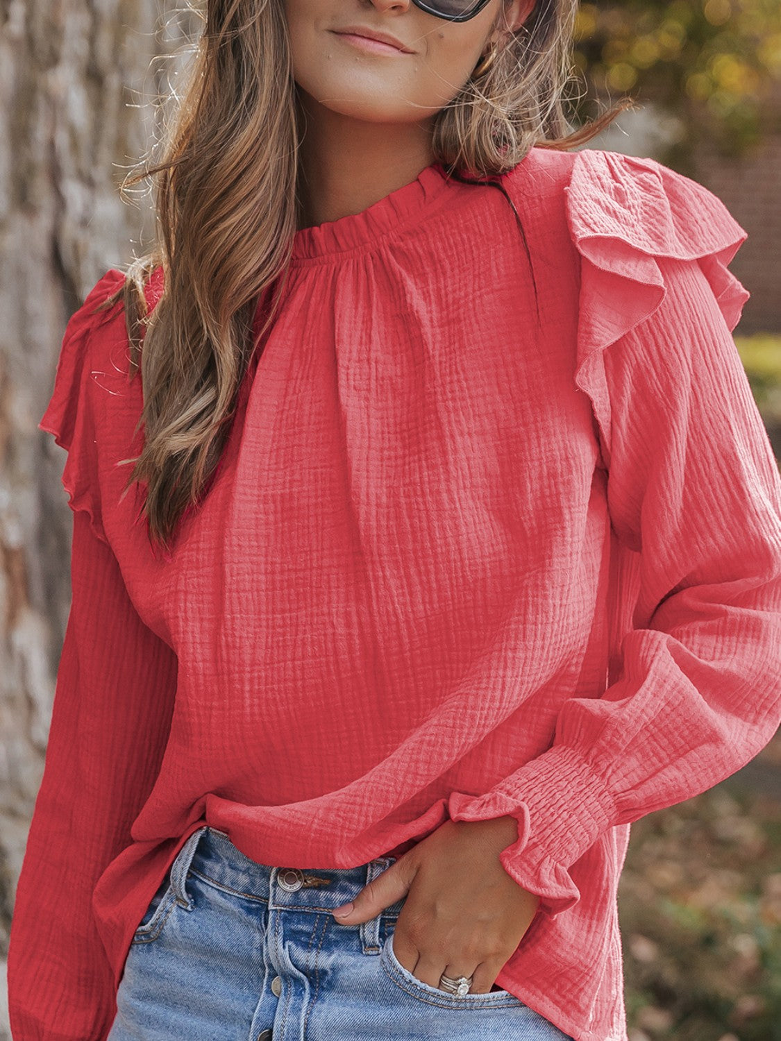 Frill Mock Neck Long Sleeve Blouse