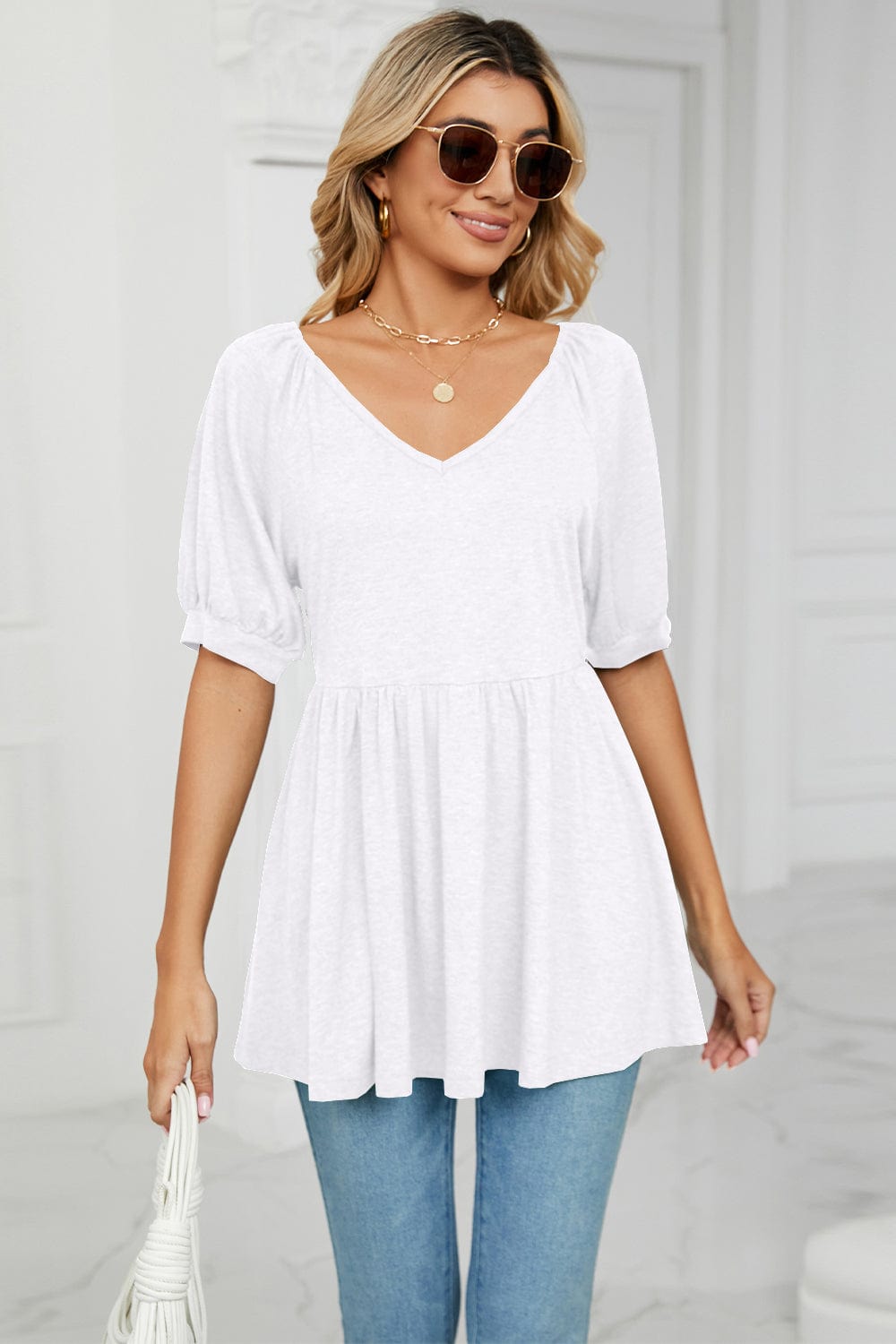 Full Size V-Neck Babydoll Top