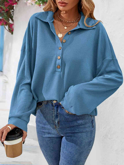 Half Button Collared Neck Long Sleeve Top