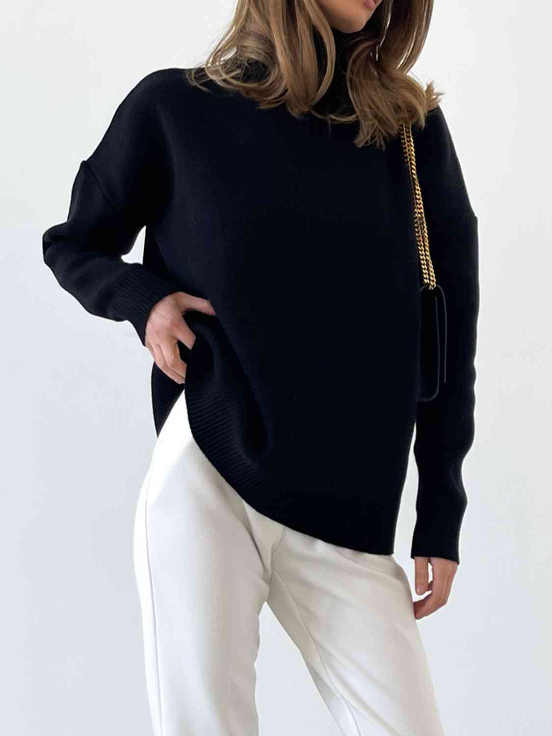 One Size Mock Neck Dropped Shoulder Sweater