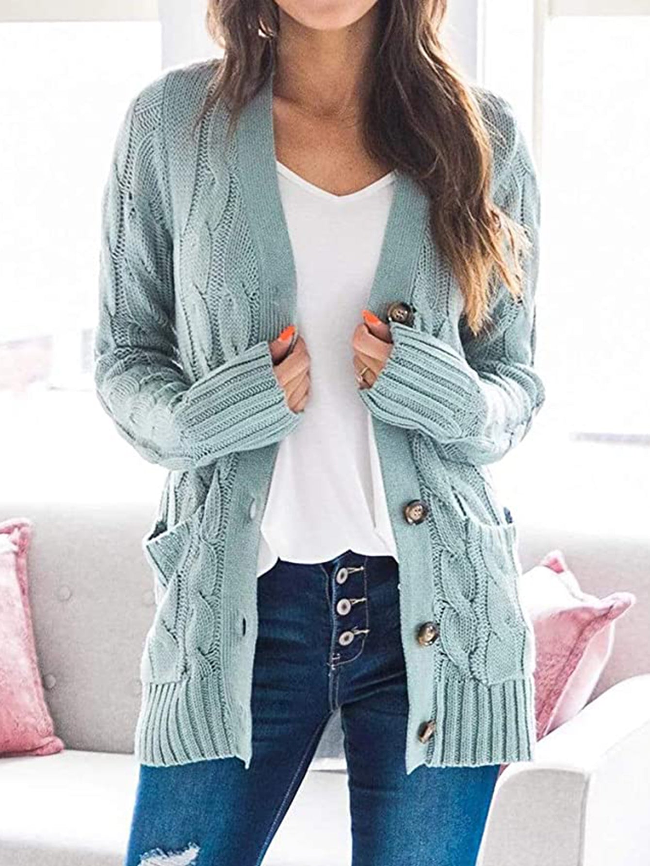 SavannahTree Cable-Knit Buttoned Cardigan with Pockets