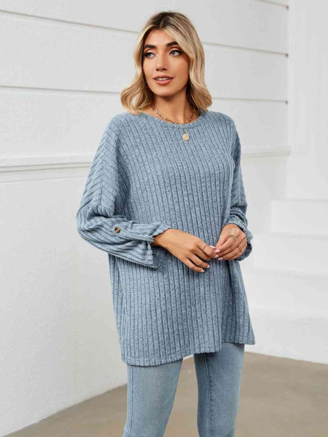 Full Size Round Neck Ribbed Long Sleeve T-Shirt