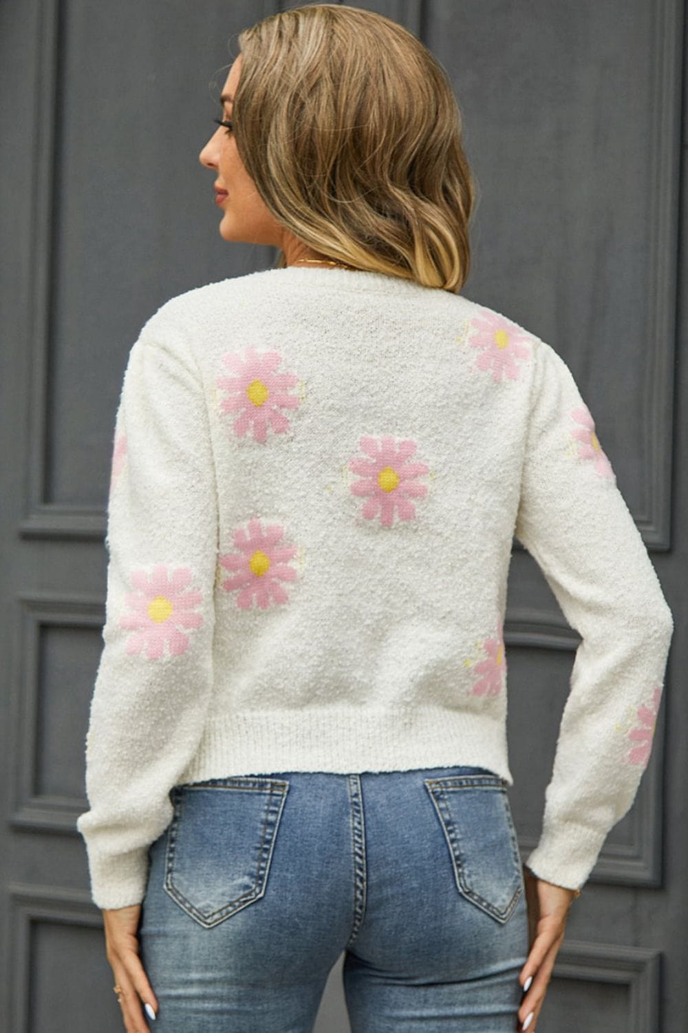 Malibu Dreams Flower Pattern Round Neck Short Sleeve Pullover Sweater