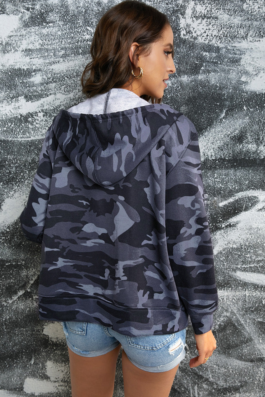 Women's Full Size Camouflage Drawstring Detail Zip Up Hooded Jacket