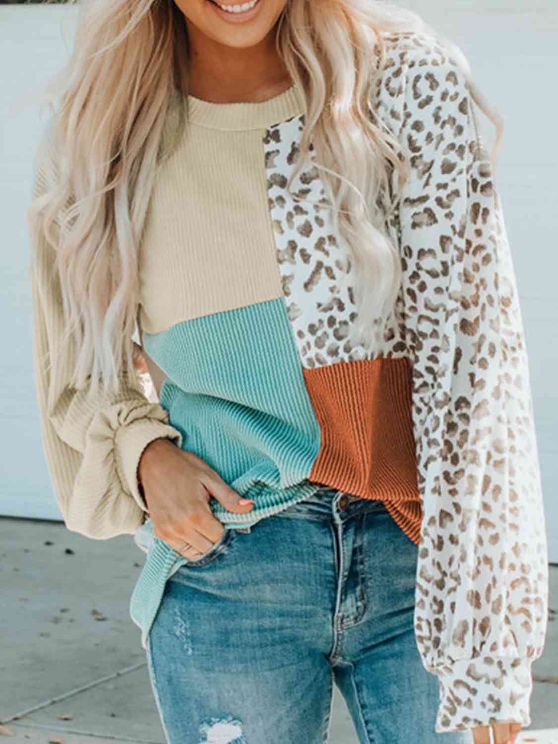 Full Size Color Block Leopard Round Neck Sweatshirt