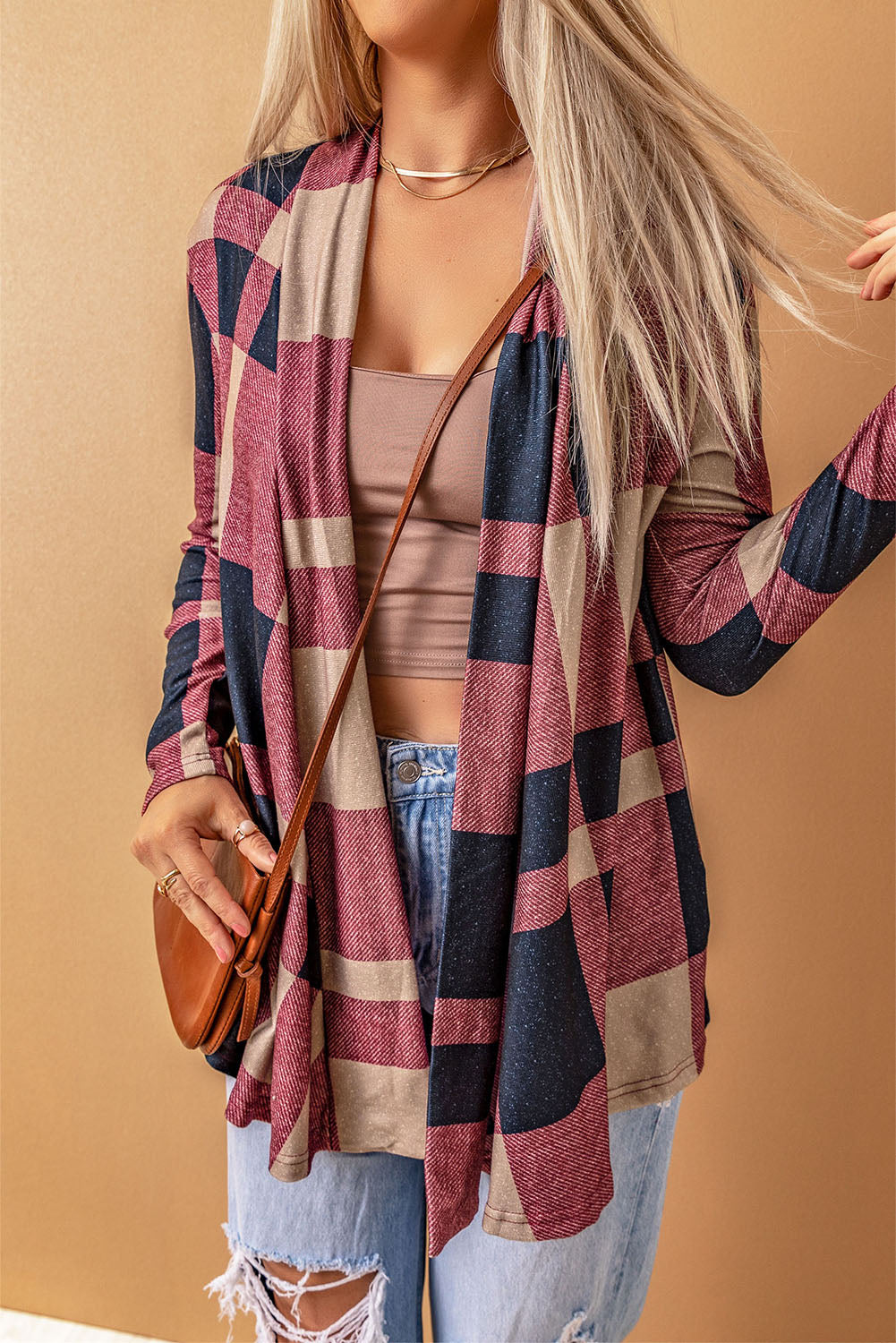 Full Size Red Plaid Open Front Cardigan