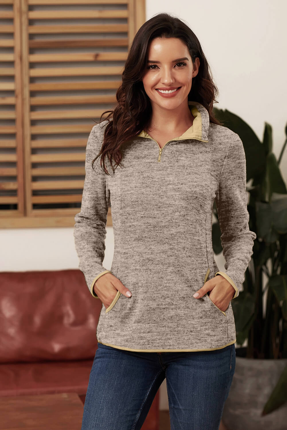 Women's Full Size Heathered Quarter-Zip Sweatshirt