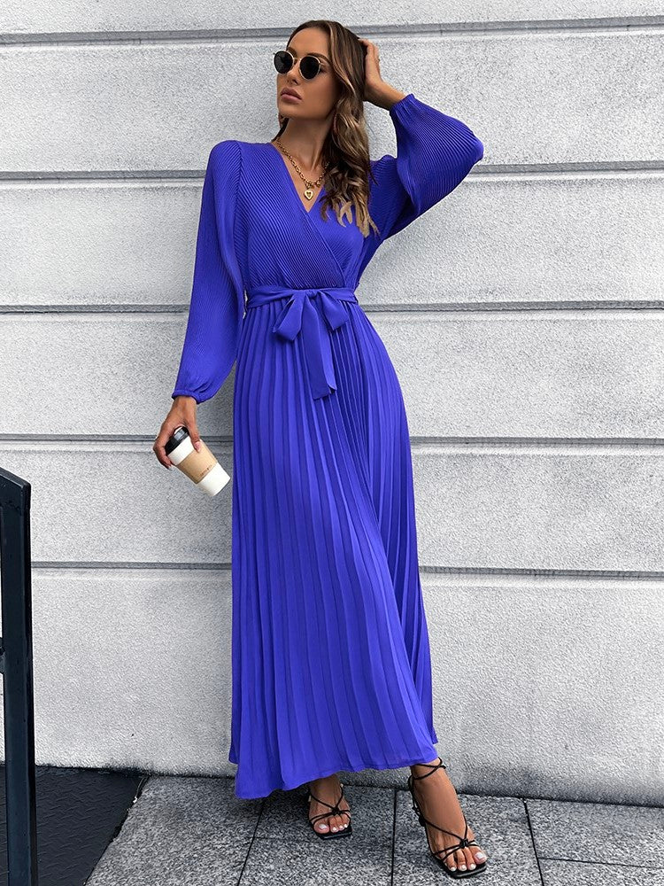 Full Size V-Neck Tie Waist Pleated Maxi Dress