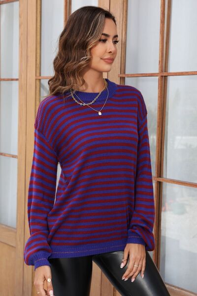 Striped Round Neck Dropped Shoulder Sweater