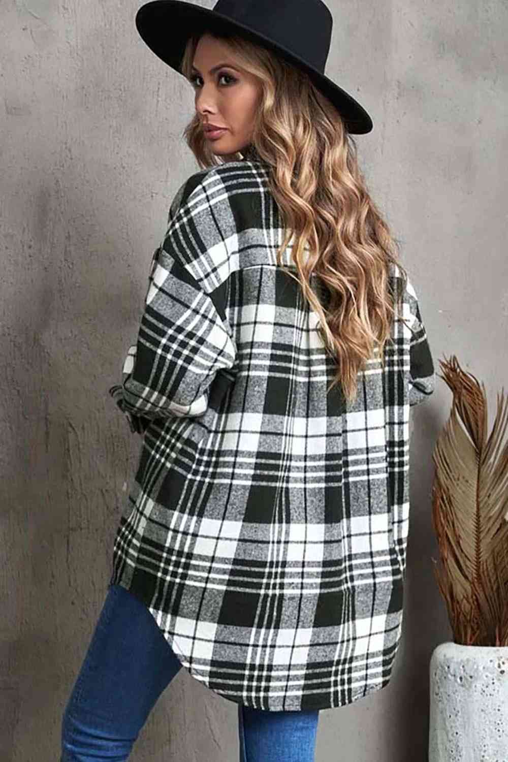 Plaid Collared Neck Button Up Jacket with Pockets