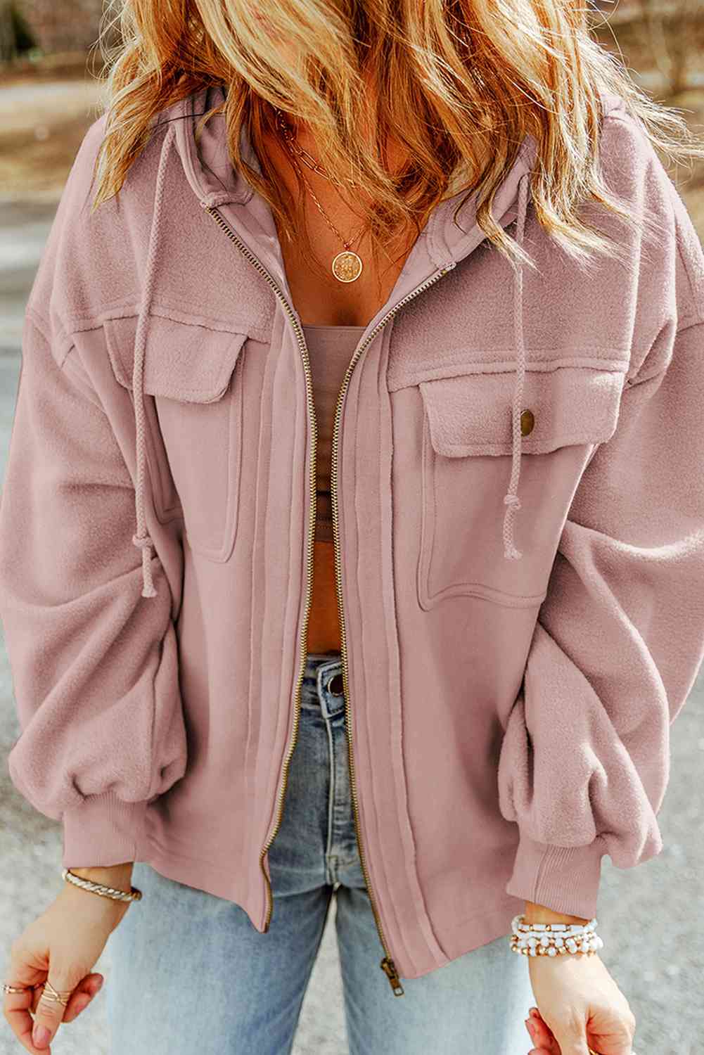 Hannah Full Size Zip-Up Drawstring Hooded Jacket