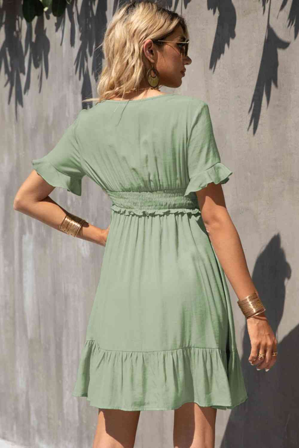 Women's Gum Leaf Green Smocked Waist Flounce Sleeve Ruffle Hem Dress