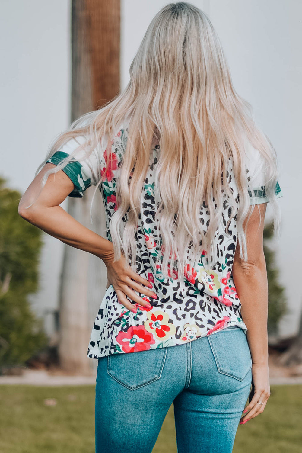 Women's Full Size Floral Leopard Short Raglan Sleeve T-Shirt